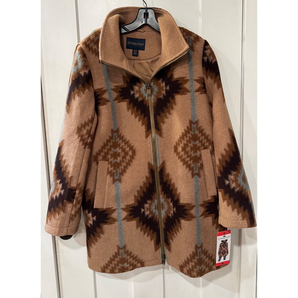 Pendleton Womens Full Zip Wool Blend Jacquard Coat Camel Brown 1659702 Medium